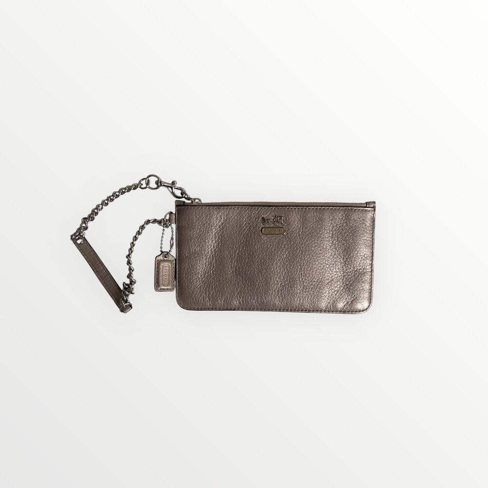 COACH Metallic Taupe Leather Chain Wristlet Pouch Bag